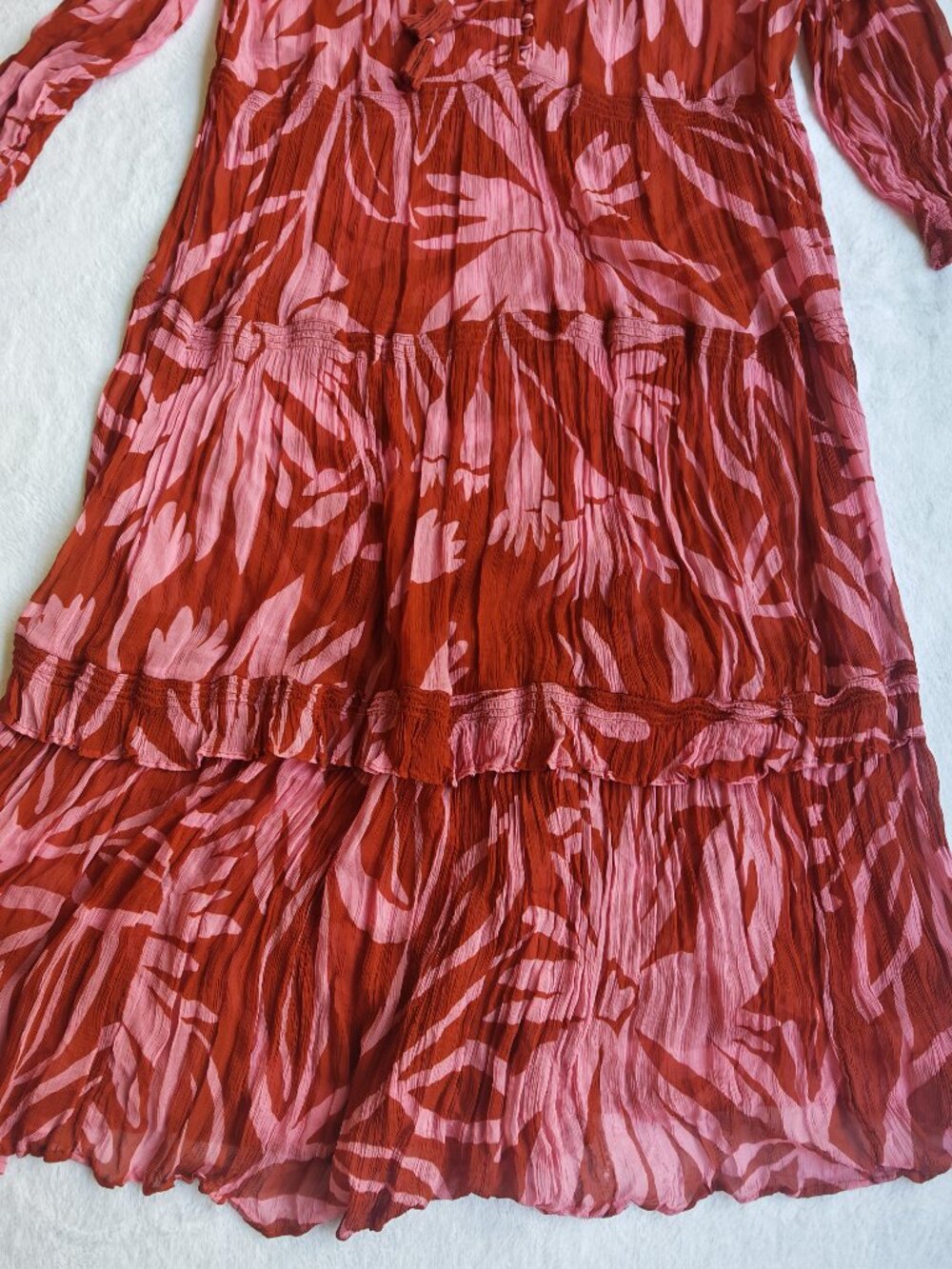 Anthropologie Marais Printed Chiffon Maxi Dress XL Pink Orange Boho Tiered Flow - Picture 9 of 15